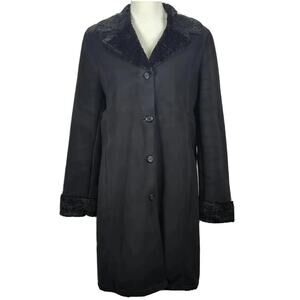 VTG Jones NY Trench Coat Womens M Black Faux Suede / Fur Mid Length Winter 90s